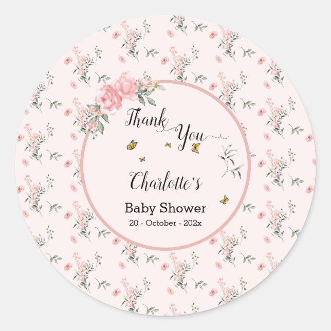 Elegant Pink Roses with Butterflies Baby Shower Classic Round Sticker (Front)