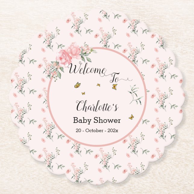 Elegant Pink Roses with Butterflies Baby Shower Paper Coaster (Front)