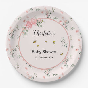 Elegant Pink Roses with Butterflies Baby Shower Paper Plate