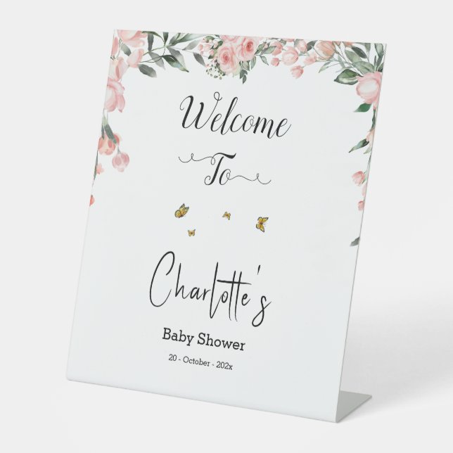 Elegant Pink Roses with Butterflies Baby Shower Pedestal Sign (Front)