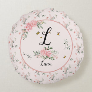 Elegant Pink Roses with Butterflies Round Cushion