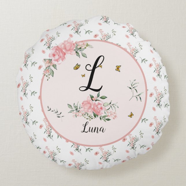 Elegant Pink Roses with Butterflies Round Cushion (Back)