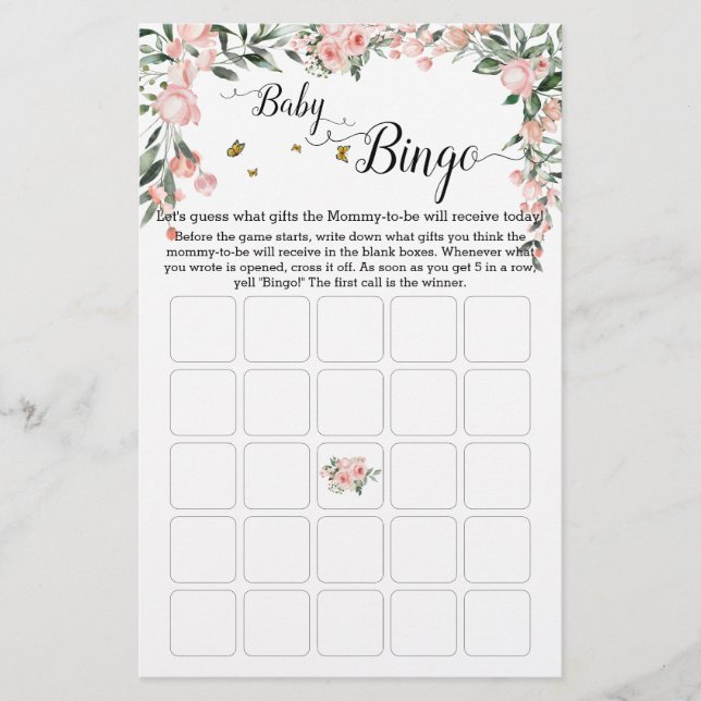 Elegant Pink Roses with Butterfly Baby Bingo Game (Front)