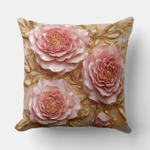 Elegant Pink Roses with Golden Leaves Cushion