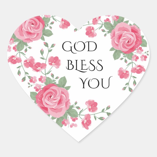  Elegant Pink Roses with Moss Leaves God Bless You Heart Sticker (Front)