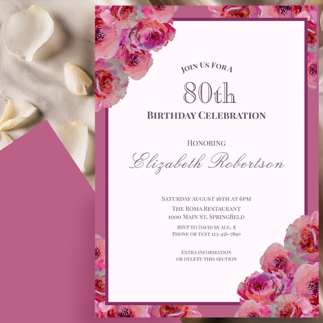 Elegant Pink Roses Women's 80th Birthday  Invitation (Creator Uploaded)