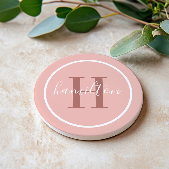 Elegant Pink Round Custom Monogram Initial Coaster (Creator Uploaded)