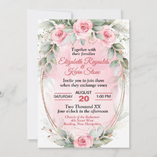 Elegant Pink Sage Green Roses Wedding Invitation