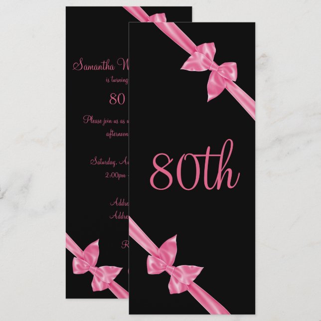 Elegant Pink Satin Bows 80th Birthday Invitation (Front/Back)