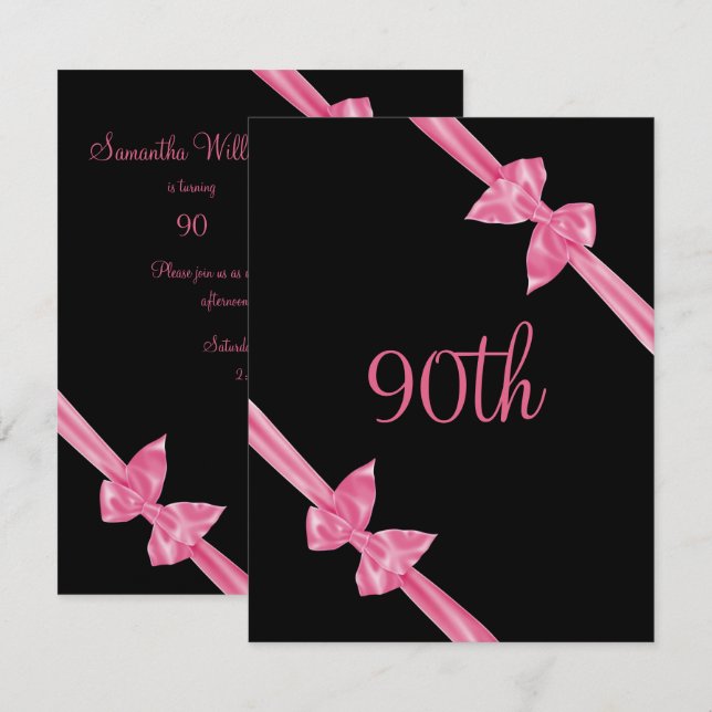 Elegant Pink Satin Bows 90th Birthday Invitation (Front/Back)