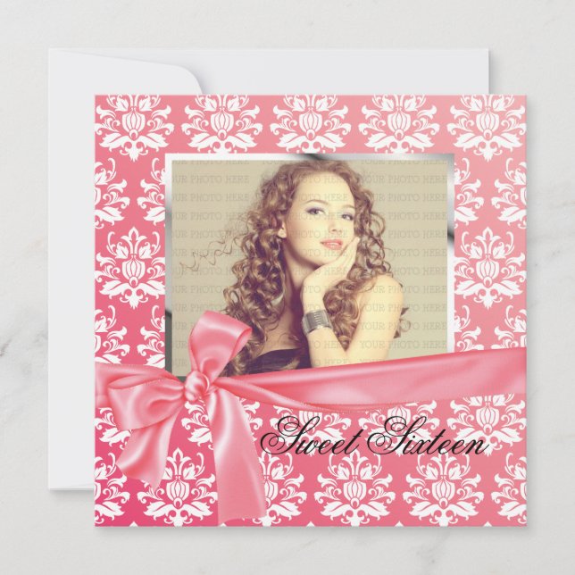 Elegant Pink Satin Damask Photo Birthday Party Invitation (Front)