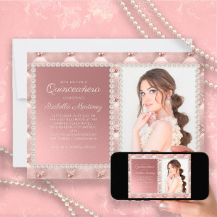Elegant Pink Satin Pearls Jewels Photo Quinceañera Invitation