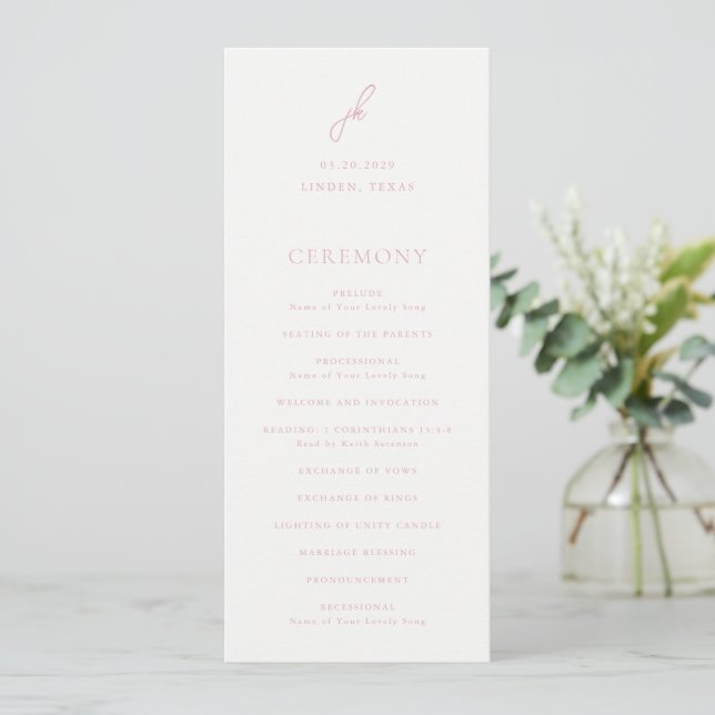 Elegant Pink Script Monogram Wedding Programme (Standing Front)
