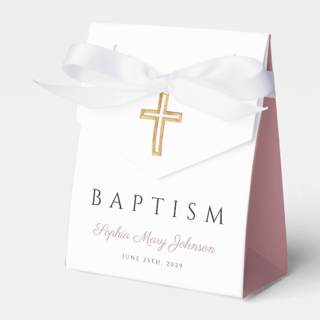 Elegant Pink Script Religious Cross Girl Baptism  Favour Box (Front Side)