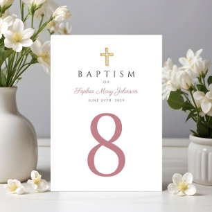 Elegant Pink Script Religious Cross Girl Baptism Table Number