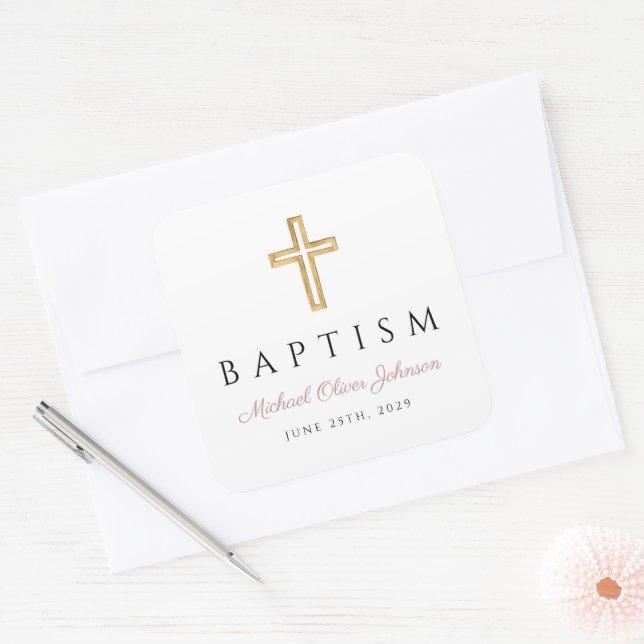 Elegant Pink Script Religious Girl Baptism  Square Sticker (Envelope)