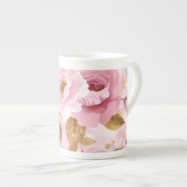 elegant pink seamless pattern with flowers roses a bone china mug (Front Right)