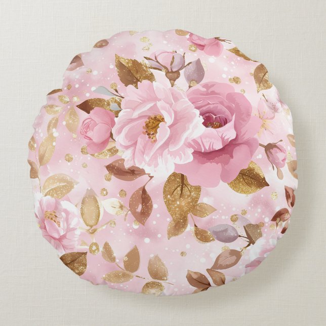elegant pink seamless pattern with flowers roses a round cushion (Front)