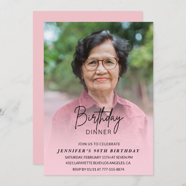Elegant Pink Shadow Dinner Photo 98th birthday Invitation (Front/Back)