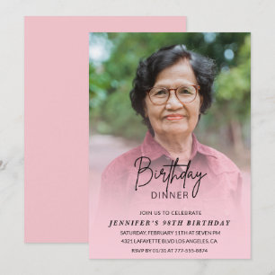 Elegant Pink Shadow Dinner Photo 98th birthday Invitation