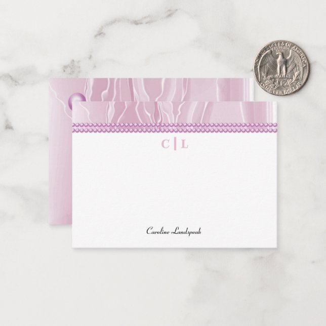 Elegant Pink Silk & Pink Pearls Monogrammed Card (Front/Back In Situ)