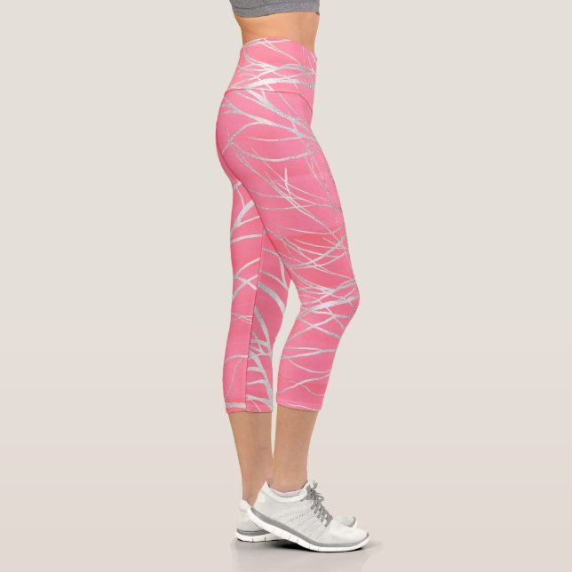 Elegant Pink Silver Autumn Tree Drawing Capri Leggings (Right)