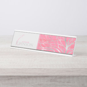 Elegant Pink Silver Autumn Tree Drawing Desk Name Plate