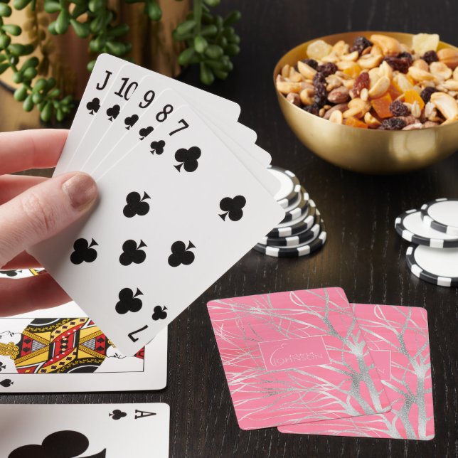Elegant Pink Silver Autumn Tree Drawing Playing Cards (In Situ)