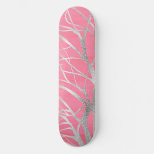 Elegant Pink Silver Autumn Tree Drawing Skateboard