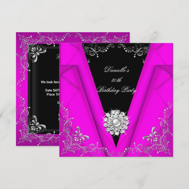 Elegant Pink Silver Black Birthday 30th Invitation (Front/Back)
