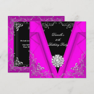 Elegant Pink Silver Black Birthday 30th Invitation