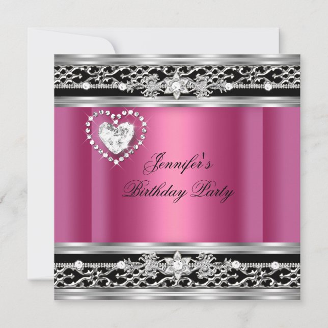 Elegant Pink Silver Black Diamond Birthday Party Invitation (Front)
