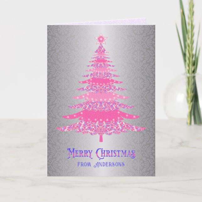 Elegant Pink Silver Christmas Tree Custom Name  Holiday Card (Front)