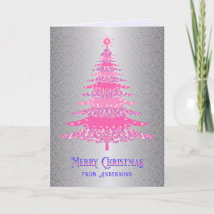 Elegant Pink Silver Christmas Tree Custom Name Holiday Card