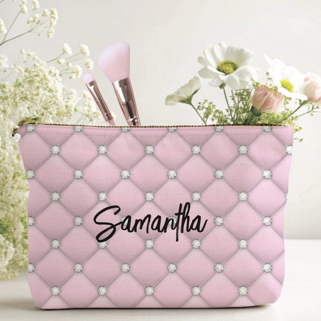 Elegant pink silver faux glitter drips monogrammed accessory pouch (Creator Uploaded)