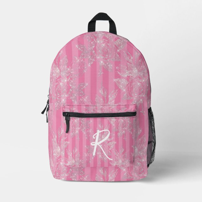 Elegant Pink & Silver Glitter Floral Personalised Printed Backpack (Front)