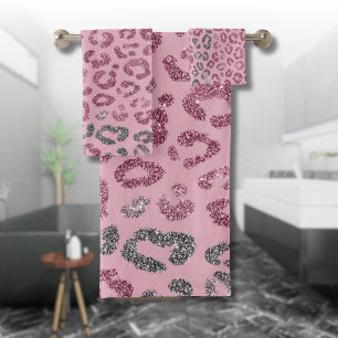 Elegant Pink Silver Glitter Leopard on Rose Gold Bath Towel Set