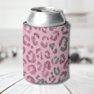 Elegant Pink Silver Glitter Leopard on Rose Gold Can Cooler