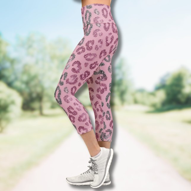Elegant Pink Silver Glitter Leopard on Rose Gold Capri Leggings (Creator Uploaded)