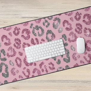 Elegant Pink Silver Glitter Leopard on Rose Gold Desk Mat