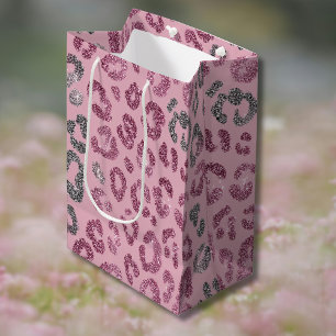 Elegant Pink Silver Glitter Leopard on Rose Gold Medium Gift Bag