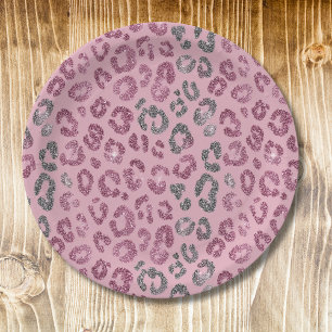 Elegant Pink Silver Glitter Leopard on Rose Gold Paper Plate
