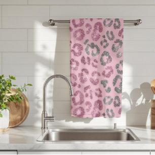 Elegant Pink Silver Glitter Leopard on Rose Gold Tea Towel