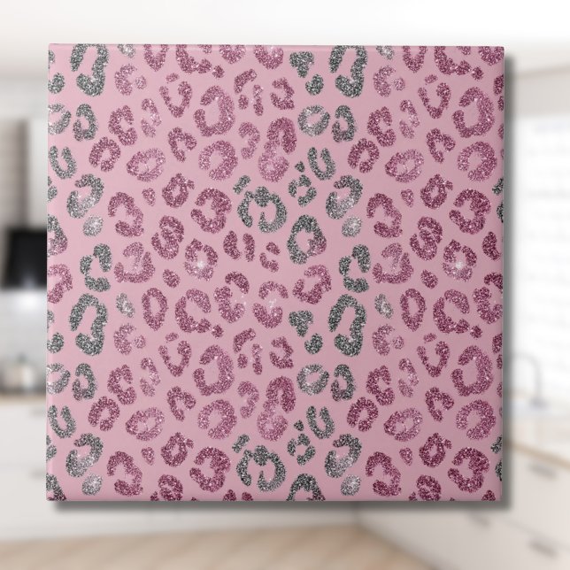 Elegant Pink Silver Glitter Leopard on Rose Gold Tile (Creator Uploaded)