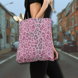 Elegant Pink Silver Glitter Leopard on Rose Gold Tote Bag