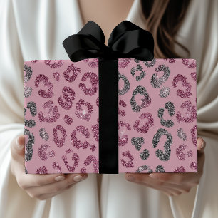 Elegant Pink Silver Glitter Leopard on Rose Gold Wrapping Paper