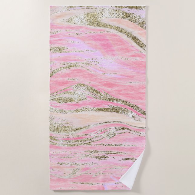 Elegant Pink Silver Glitter Marble Pattern Chic Beach Towel (Front)