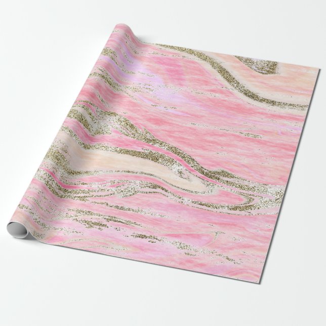 Elegant Pink Silver Glitter Marble Pattern Chic Wrapping Paper (Unrolled)