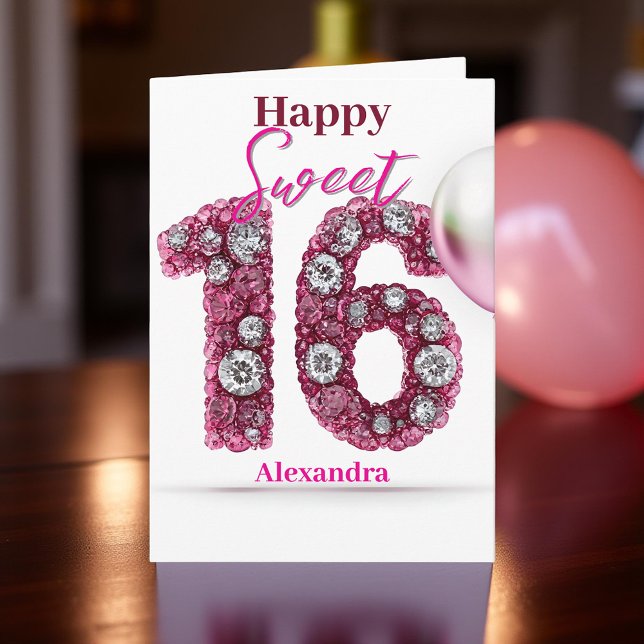 Elegant Pink & Silver Glittering Gemstone Sweet 16 Card (Creator Uploaded)
