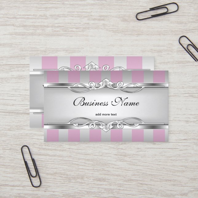 Elegant Pink Silver Grey White Stripe Business Card (Front/Back In Situ)